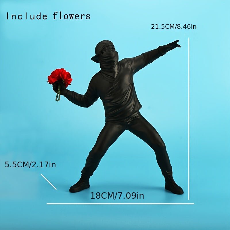 Escultura de Resina Eye-Catching Banksy Flower Thrower: Moderna, Hecha de ABS, No se necesita electricidad, Perfecta para Decorar la Oficina, Sala de estar, & Habitación - SACASUSA