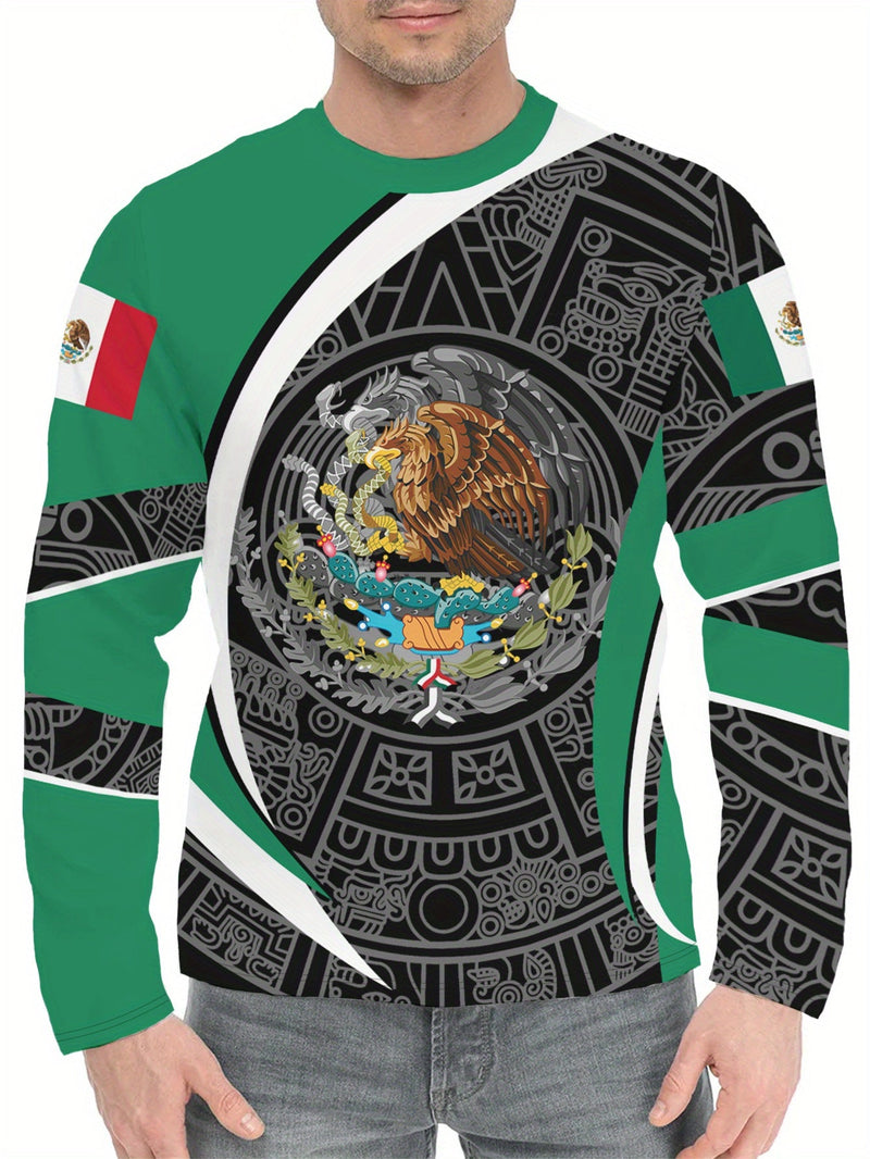 Estampado de diseño mexicano azteca, camisetas de manga larga con cuello redondo y diseño gráfico para hombre, sudadera casual cómoda para otoño y primavera, camisetas novedosas para hombre - SACASUSA