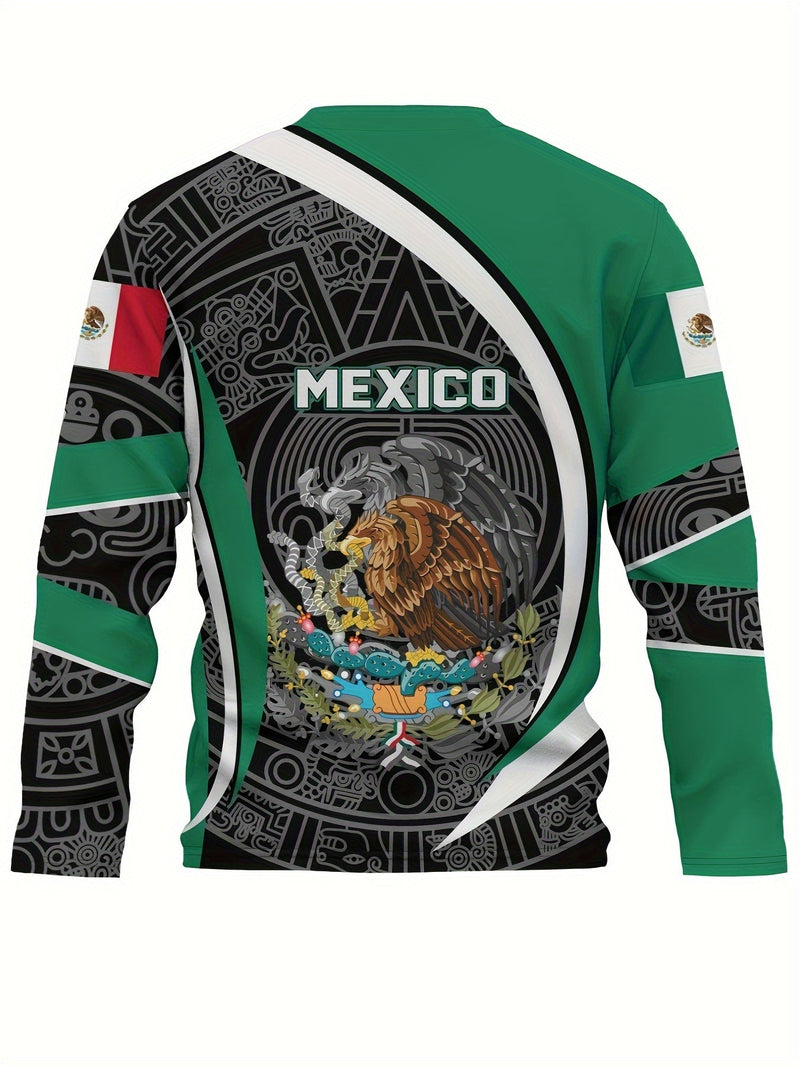 Estampado de diseño mexicano azteca, camisetas de manga larga con cuello redondo y diseño gráfico para hombre, sudadera casual cómoda para otoño y primavera, camisetas novedosas para hombre - SACASUSA