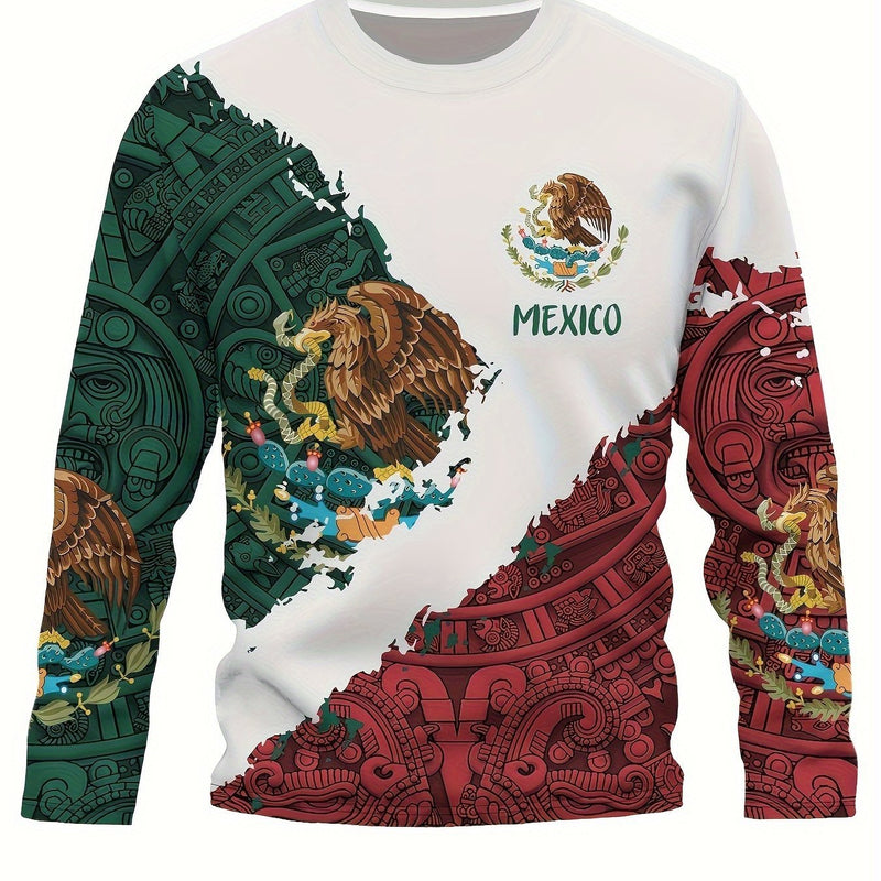 Estampado de diseño mexicano azteca, camisetas de manga larga con cuello redondo y diseño gráfico para hombre, sudadera casual cómoda para otoño y primavera, camisetas novedosas para hombre - SACASUSA