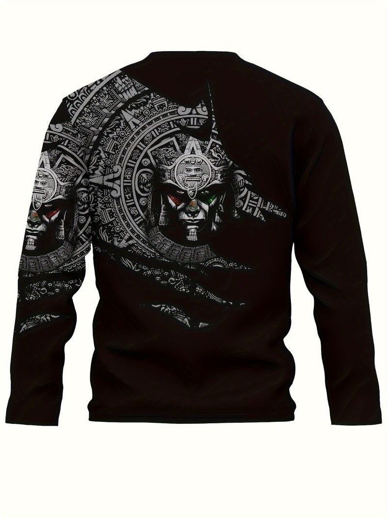 Estampado de diseño mexicano azteca, camisetas de manga larga con cuello redondo y diseño gráfico para hombre, sudadera casual cómoda para otoño y primavera, camisetas novedosas para hombre - SACASUSA