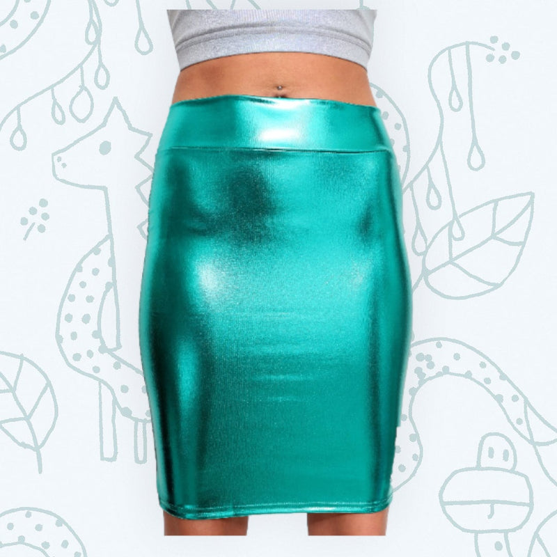 Falda lápiz elástica verde bosque metálico cintura alta aspecto mojado brillante spandex por encima de la rodilla fiesta clubwear bodycon cuero de PU SML chica mujer - SACASUSA