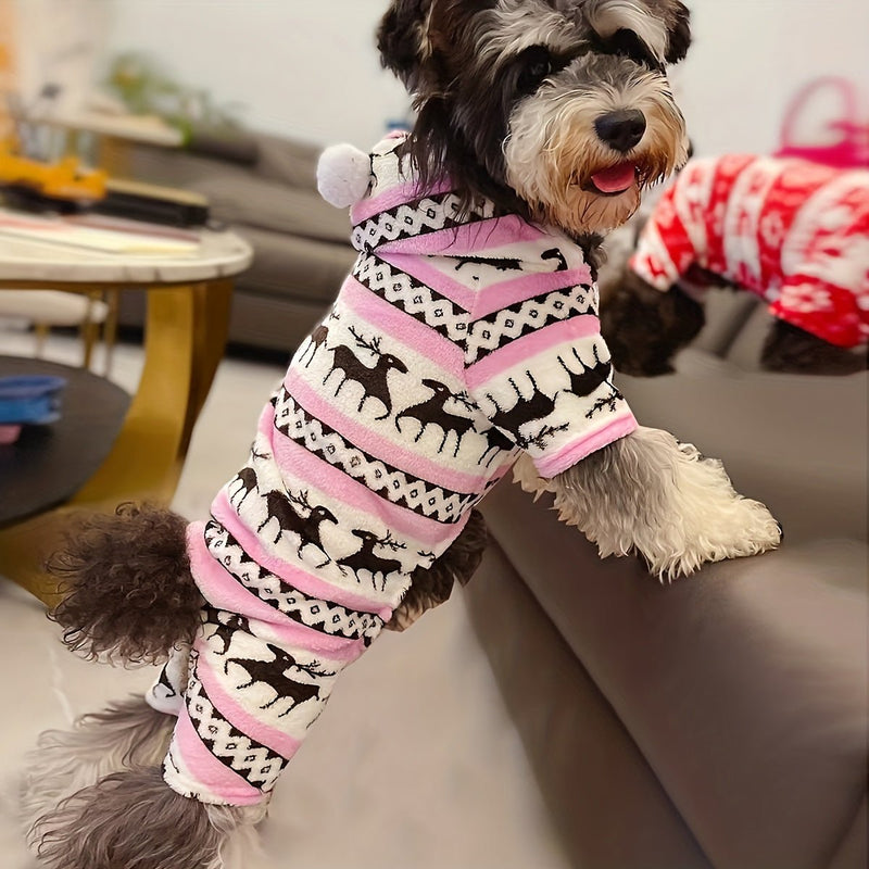 Festivo Pijama Navideño con Capucha de Reno para Perros Pequeños y Medianos, Cachorros - Delightful Mono 100% Poliéster, Cuidado Fácil Sólo a Mano - SACASUSA