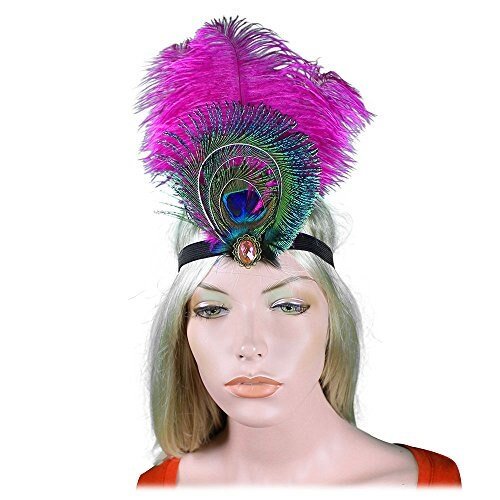 Fucsia Hot Pink Peacock Feather Rhinestone Diadema Tocado de los años 20 Flapper Negro Disfraz de Halloween Fiesta rugiente El gran Gatsby Headwear - SACASUSA