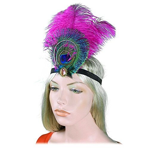 Fucsia Hot Pink Peacock Feather Rhinestone Diadema Tocado de los años 20 Flapper Negro Disfraz de Halloween Fiesta rugiente El gran Gatsby Headwear - SACASUSA