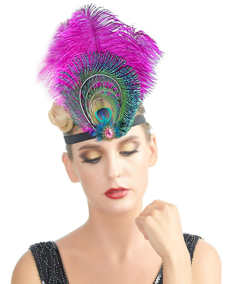 Fucsia Hot Pink Peacock Feather Rhinestone Diadema Tocado de los años 20 Flapper Negro Disfraz de Halloween Fiesta rugiente El gran Gatsby Headwear - SACASUSA