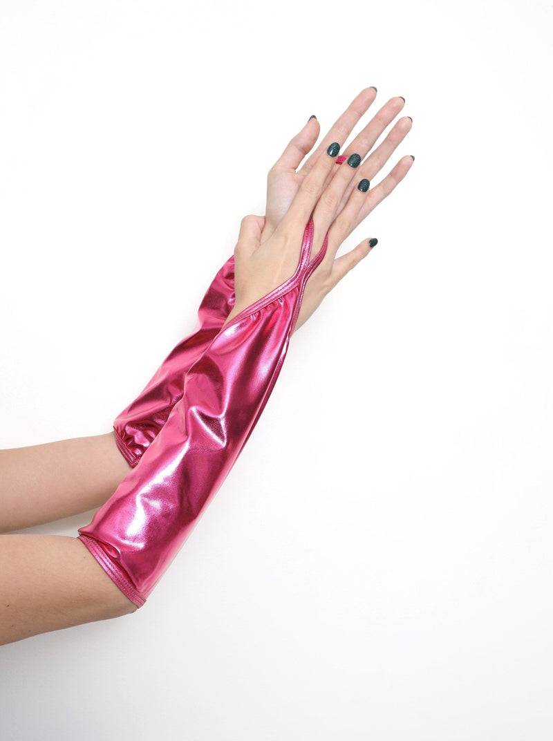 Fucsia rosa fuerte sin dedos hasta el codo 35 cm de largo brillante metálico WetLook guantes elásticos fiesta de disfraces de Halloween Cosplay mujeres niñas niños - SACASUSA