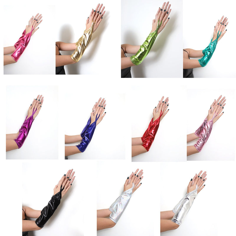 Fucsia rosa fuerte sin dedos hasta el codo 35 cm de largo brillante metálico WetLook guantes elásticos fiesta de disfraces de Halloween Cosplay mujeres niñas niños - SACASUSA