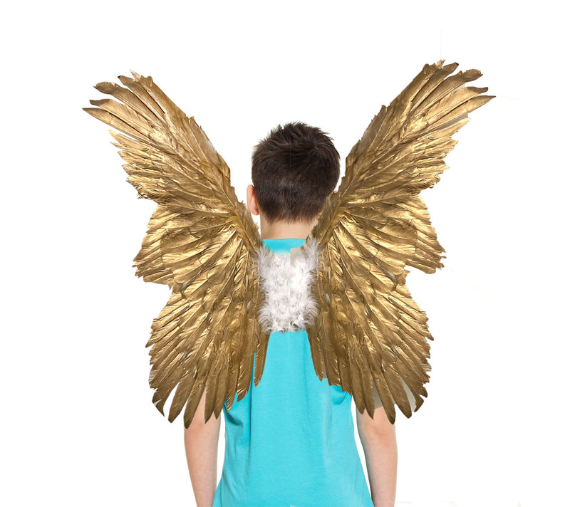 Hermosas alas de ángel con plumas doradas de tamaño mediano para niños grandes, adolescentes, adultos, mujeres o hombres, alas de disfraces de Halloween, accesorios para fotos de cosplay - SACASUSA