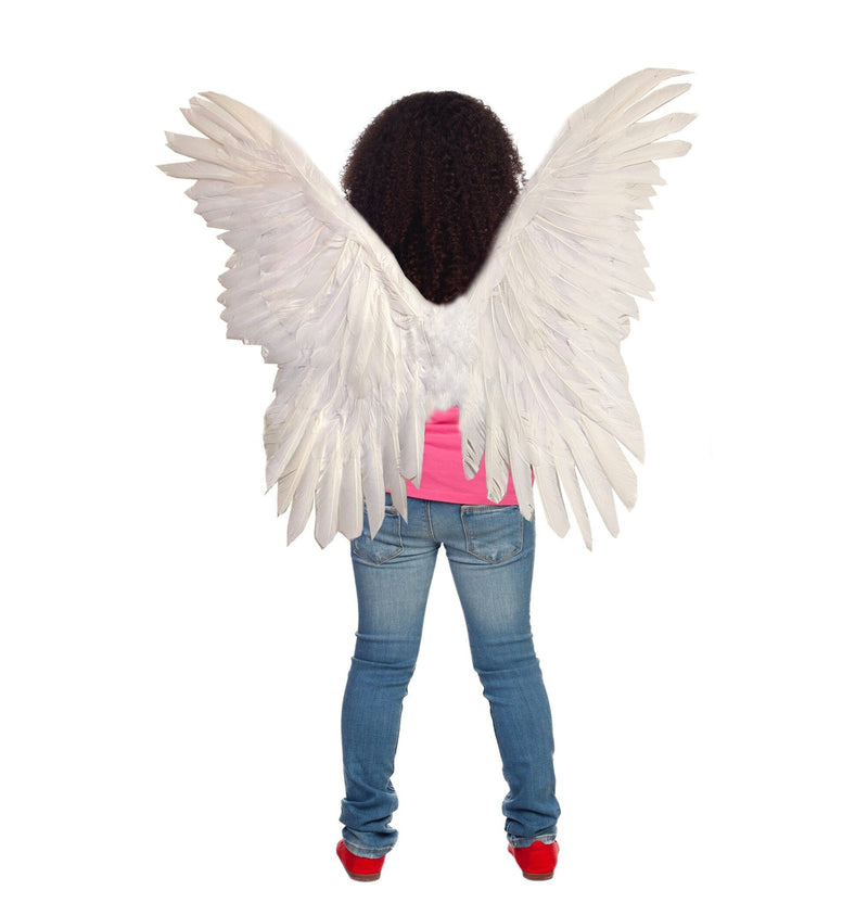 Hermosas alas de ángel de plumas blancas de 28 x 24 pulgadas para niños, niñas o niños con alas de disfraz de Halloween Halo gratis, accesorios para fotos de cosplay - SACASUSA