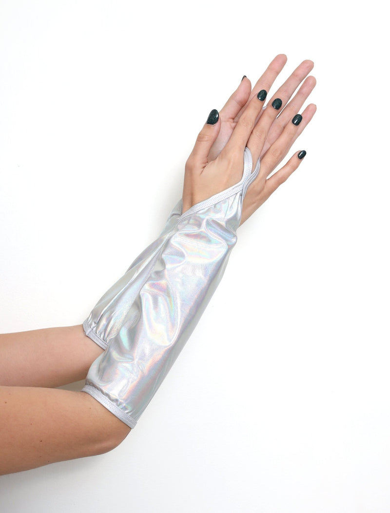 Holo Silver Sin dedos hasta el codo largo Brillante Metálico WetLook Guantes elásticos Fiesta de disfraces de Halloween Plata holográfica Mujer Niño Niña - SACASUSA