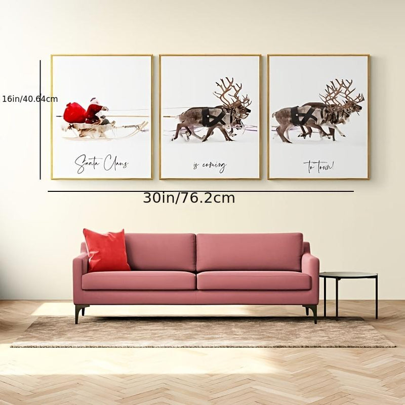 Impresiones de lienzo reutilizables de Santa Claus - Conjunto autoadhesivo de Art Deco de 3, Rectangular, Arte de pared de Navidad lavable: Regalo ideal y decoración festiva para el hogar y el dormitorio - SACASUSA