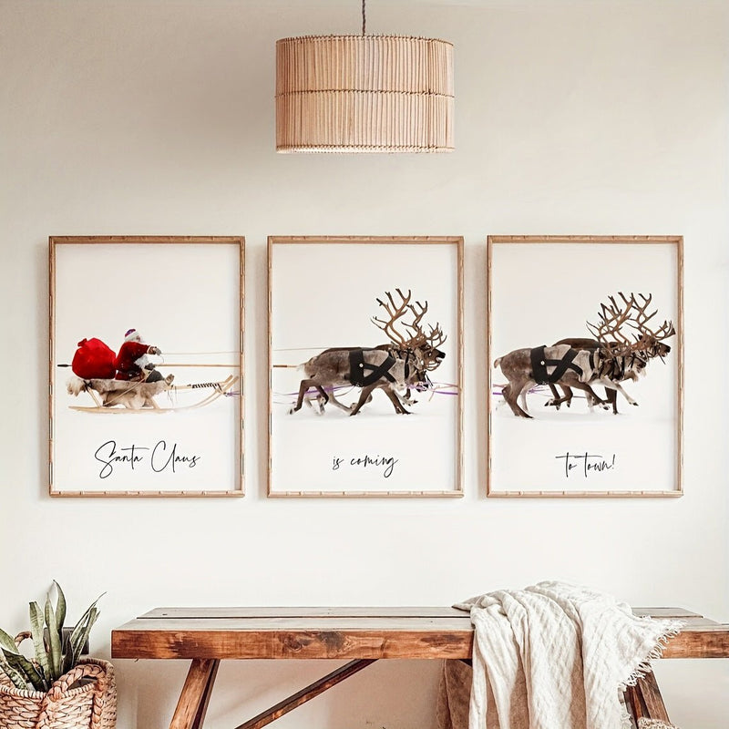 Impresiones de lienzo reutilizables de Santa Claus - Conjunto autoadhesivo de Art Deco de 3, Rectangular, Arte de pared de Navidad lavable: Regalo ideal y decoración festiva para el hogar y el dormitorio - SACASUSA