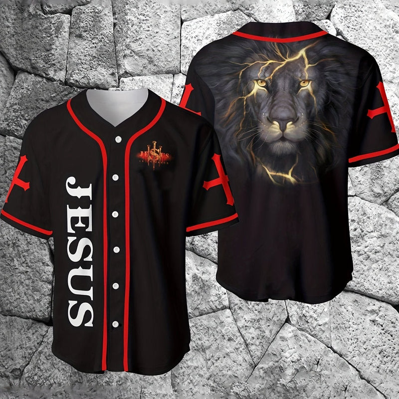 Jersey de Béisbol Ligero para Hombre | Fácil Mantenimiento, Transpirable | Camiseta Casual con Botones y Estampado de León - SACASUSA