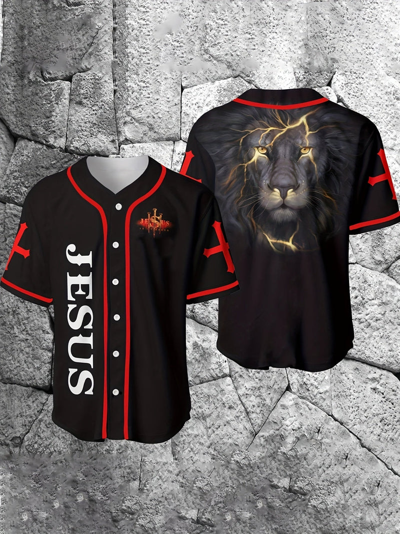 Jersey de Béisbol Ligero para Hombre | Fácil Mantenimiento, Transpirable | Camiseta Casual con Botones y Estampado de León - SACASUSA