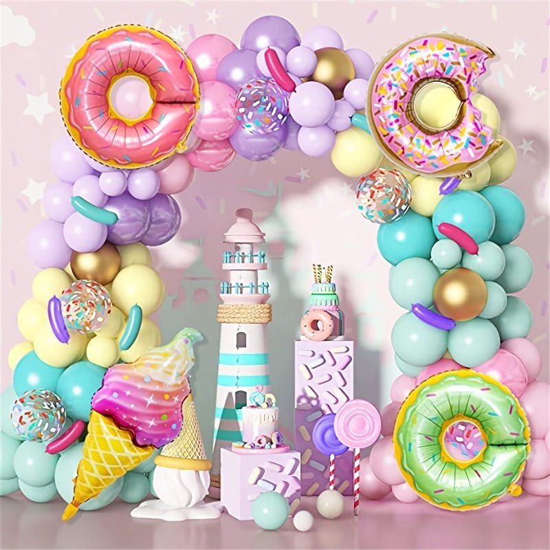 Juego de Arco de Globos de Rosquillas Pasteles (139 piezas) - Decoración Perfecta para Fiestas Infantiles, Baby Showers y Eventos de Temática de Dulces (Edades 14+) - SACASUSA