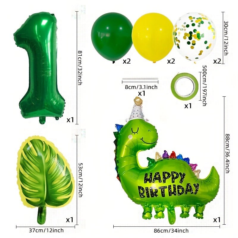 Juego de Globos de Aluminio con Diseño de Dinosaurios: Decoración de Fiesta Selvática de 32 pulgadas con Números y Hojas, Ideal para Cumpleaños, Baby Showers y Fiestas de Verano - Cinta Rizada Incluida - SACASUSA