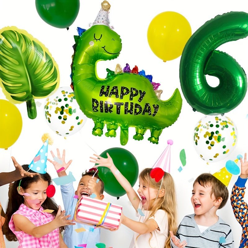 Juego de Globos de Aluminio con Diseño de Dinosaurios: Decoración de Fiesta Selvática de 32 pulgadas con Números y Hojas, Ideal para Cumpleaños, Baby Showers y Fiestas de Verano - Cinta Rizada Incluida - SACASUSA