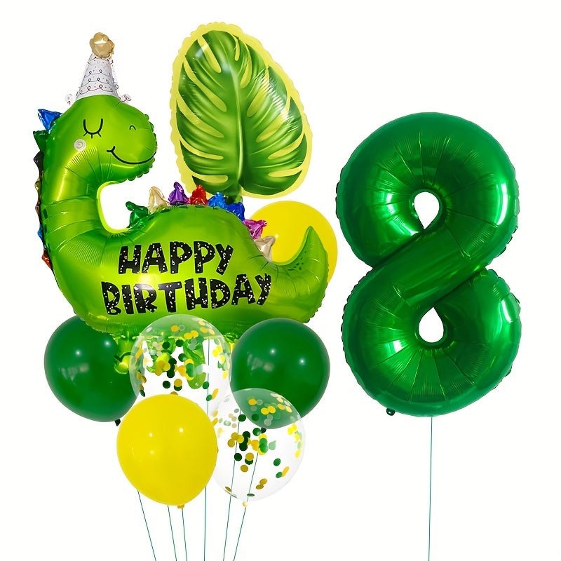 Juego de Globos de Aluminio con Diseño de Dinosaurios: Decoración de Fiesta Selvática de 32 pulgadas con Números y Hojas, Ideal para Cumpleaños, Baby Showers y Fiestas de Verano - Cinta Rizada Incluida - SACASUSA