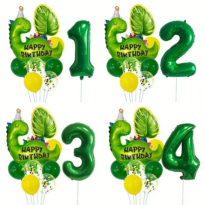 Juego de Globos de Aluminio con Diseño de Dinosaurios: Decoración de Fiesta Selvática de 32 pulgadas con Números y Hojas, Ideal para Cumpleaños, Baby Showers y Fiestas de Verano - Cinta Rizada Incluida - SACASUSA