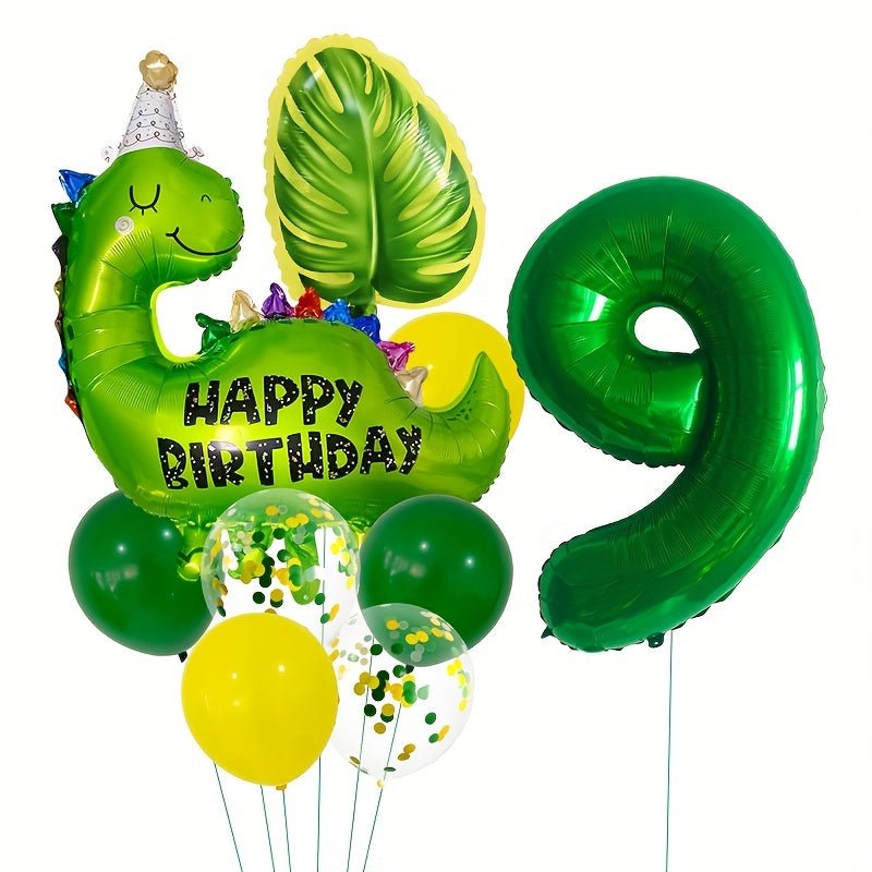 Juego de Globos de Aluminio con Diseño de Dinosaurios: Decoración de Fiesta Selvática de 32 pulgadas con Números y Hojas, Ideal para Cumpleaños, Baby Showers y Fiestas de Verano - Cinta Rizada Incluida - SACASUSA