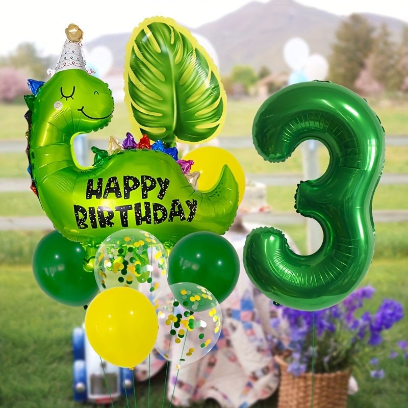 Juego de Globos de Aluminio con Diseño de Dinosaurios: Decoración de Fiesta Selvática de 32 pulgadas con Números y Hojas, Ideal para Cumpleaños, Baby Showers y Fiestas de Verano - Cinta Rizada Incluida - SACASUSA