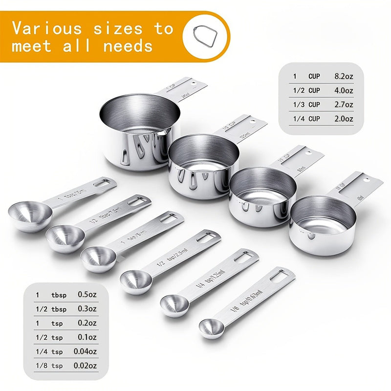 La elección de precisión del cocinero: juego de 10 piezas de tazas y cucharas medidoras de acero inoxidable - Duradero, Fácil de limpiar con medidas grabadas - Perfecto para cocinar y hornear - SACASUSA