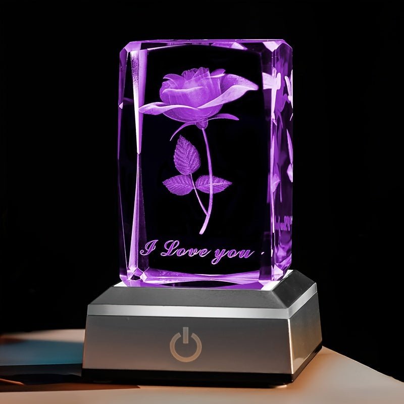 Lámpara de Cristal 3D Rosa Alimentada por USB – LED Ajustable, Simboliza el Amor y la Amistad. El Regalo Perfecto para el Día de la Madre, Cumpleaños, Aniversarios - SACASUSA