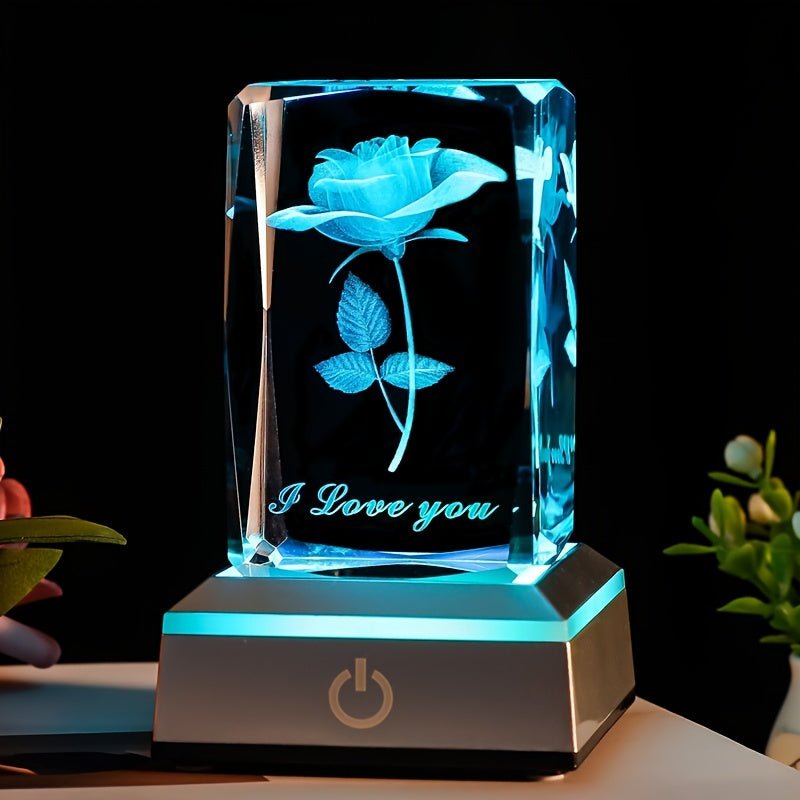 Lámpara de Cristal 3D Rosa Alimentada por USB – LED Ajustable, Simboliza el Amor y la Amistad. El Regalo Perfecto para el Día de la Madre, Cumpleaños, Aniversarios - SACASUSA