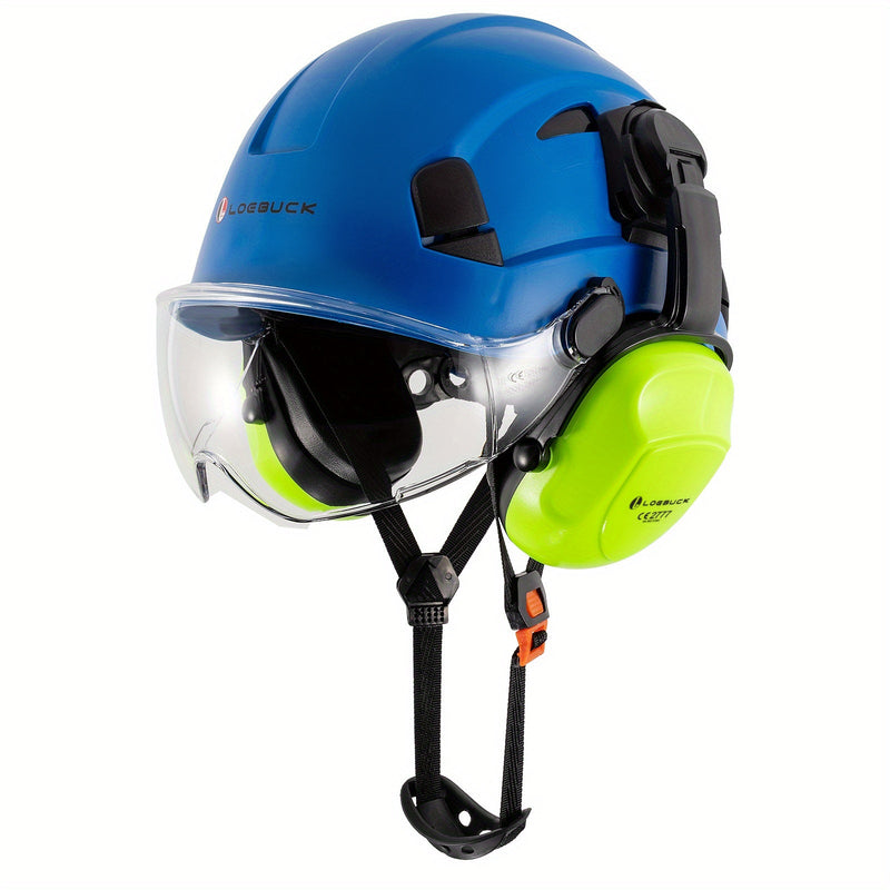 LOEBUCK Combo de Casco de Seguridad - Casco Protector Industrial, Orejeras Reductoras de Ruido y Gafas para Trabajos de Construcción, Material de Resina ABS - SACASUSA