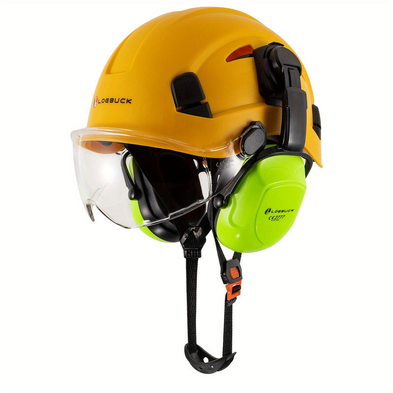 LOEBUCK Combo de Casco de Seguridad - Casco Protector Industrial, Orejeras Reductoras de Ruido y Gafas para Trabajos de Construcción, Material de Resina ABS - SACASUSA