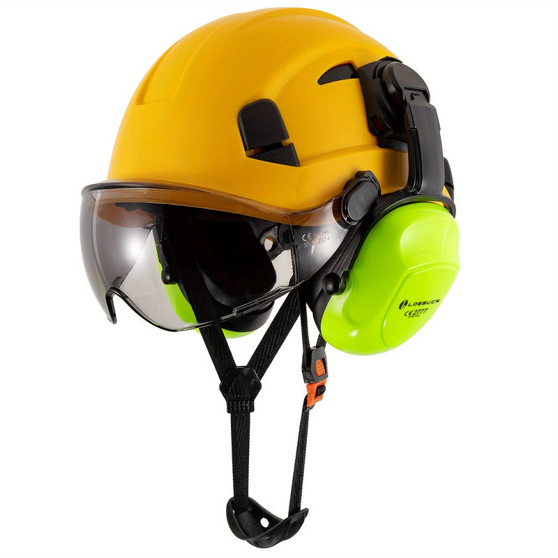 LOEBUCK Combo de Casco de Seguridad - Casco Protector Industrial, Orejeras Reductoras de Ruido y Gafas para Trabajos de Construcción, Material de Resina ABS - SACASUSA