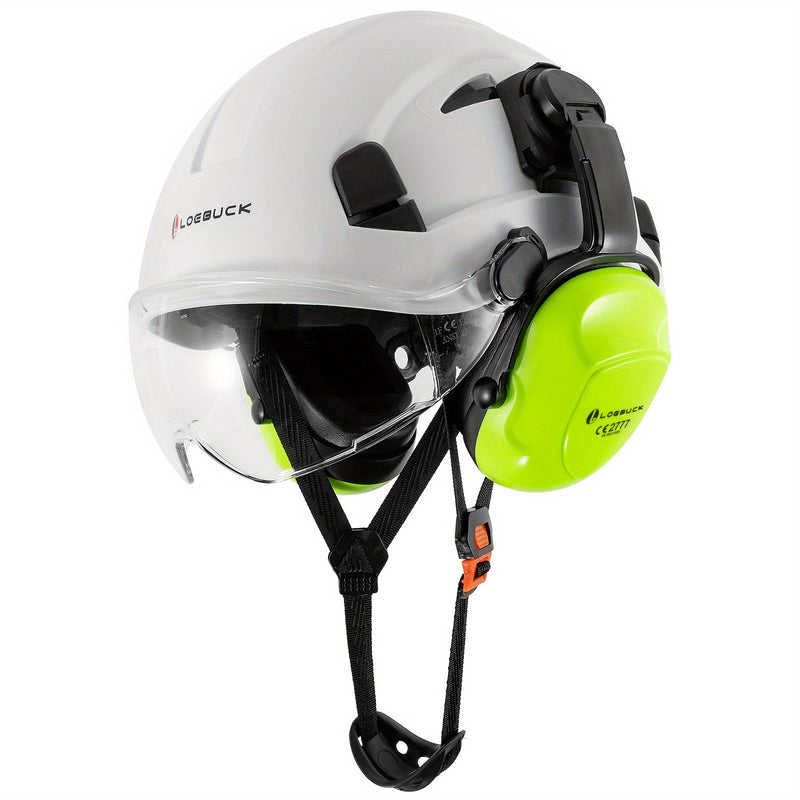 LOEBUCK Combo de Casco de Seguridad - Casco Protector Industrial, Orejeras Reductoras de Ruido y Gafas para Trabajos de Construcción, Material de Resina ABS - SACASUSA