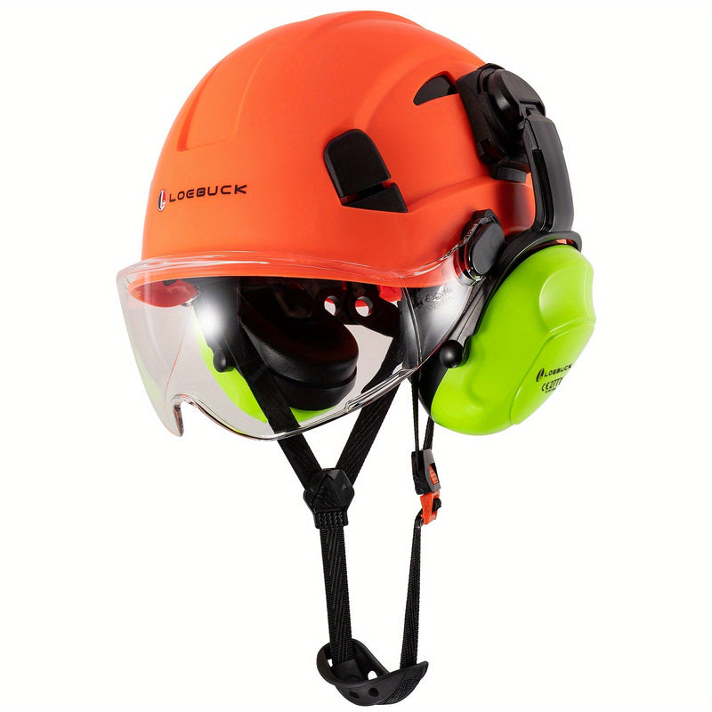 LOEBUCK Combo de Casco de Seguridad - Casco Protector Industrial, Orejeras Reductoras de Ruido y Gafas para Trabajos de Construcción, Material de Resina ABS - SACASUSA