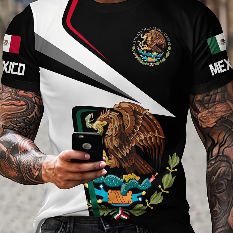 MEXICAN PRIDE And Eagle Snake Print, Camiseta Gráfica Para Hombres, Tees Cómodos Casuales Para El Verano, Ropa De Hombre - SACASUSA