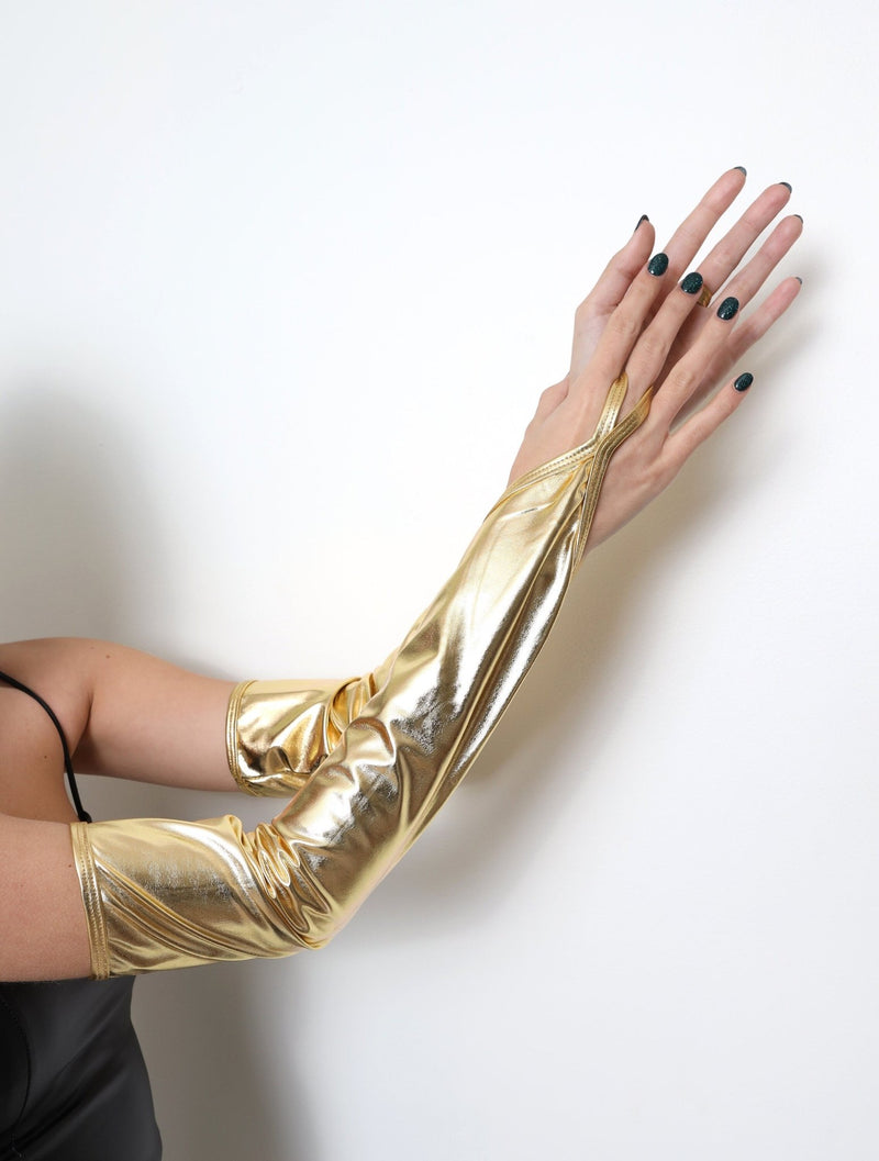 Oro Sin Dedos Sobre el Codo Brillante Metálico WetLook Lá­quido Elástico Guantes Extra Largos Fiesta de Disfraces de Halloween Cosplay Longitud Operal Mujeres - SACASUSA