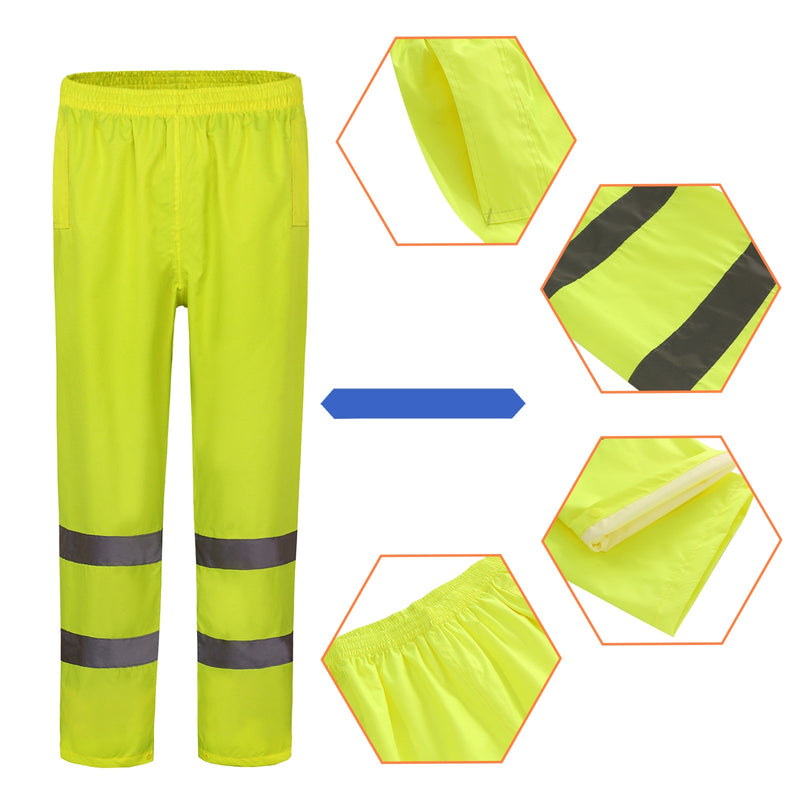 Pantalones impermeables de seguridad de alta visibilidad reflectante: 100% Poliéster tejido, lavable a máquina, con cómodo cierre lateral y características de bolsillos inclinados - SACASUSA