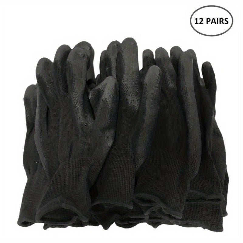 Paquete de 12 Pares: Guantes de Trabajo Ultra-Duraderos, Protegidos contra ESD y Antideslizantes - Ideales para Jardinería, Carpintería y Seguridad en Maquinaria (Fibra de Poliéster Negra) - SACASUSA