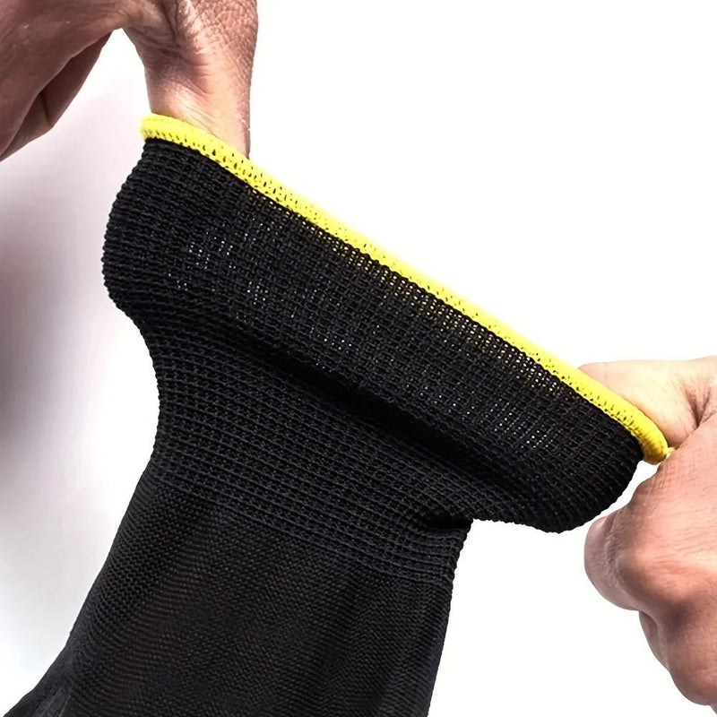 Paquete de 12 Pares: Guantes de Trabajo Ultra-Duraderos, Protegidos contra ESD y Antideslizantes - Ideales para Jardinería, Carpintería y Seguridad en Maquinaria (Fibra de Poliéster Negra) - SACASUSA