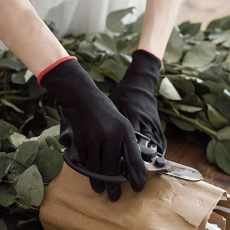 Paquete de 12 Pares: Guantes de Trabajo Ultra-Duraderos, Protegidos contra ESD y Antideslizantes - Ideales para Jardinería, Carpintería y Seguridad en Maquinaria (Fibra de Poliéster Negra) - SACASUSA