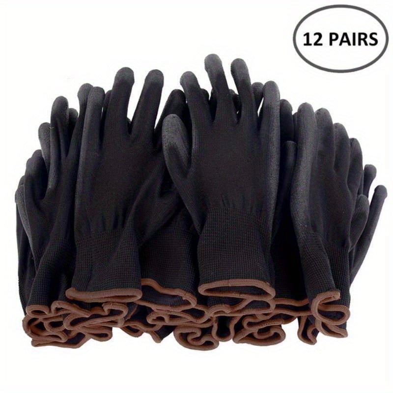 Paquete de 12 Pares: Guantes de Trabajo Ultra-Duraderos, Protegidos contra ESD y Antideslizantes - Ideales para Jardinería, Carpintería y Seguridad en Maquinaria (Fibra de Poliéster Negra) - SACASUSA