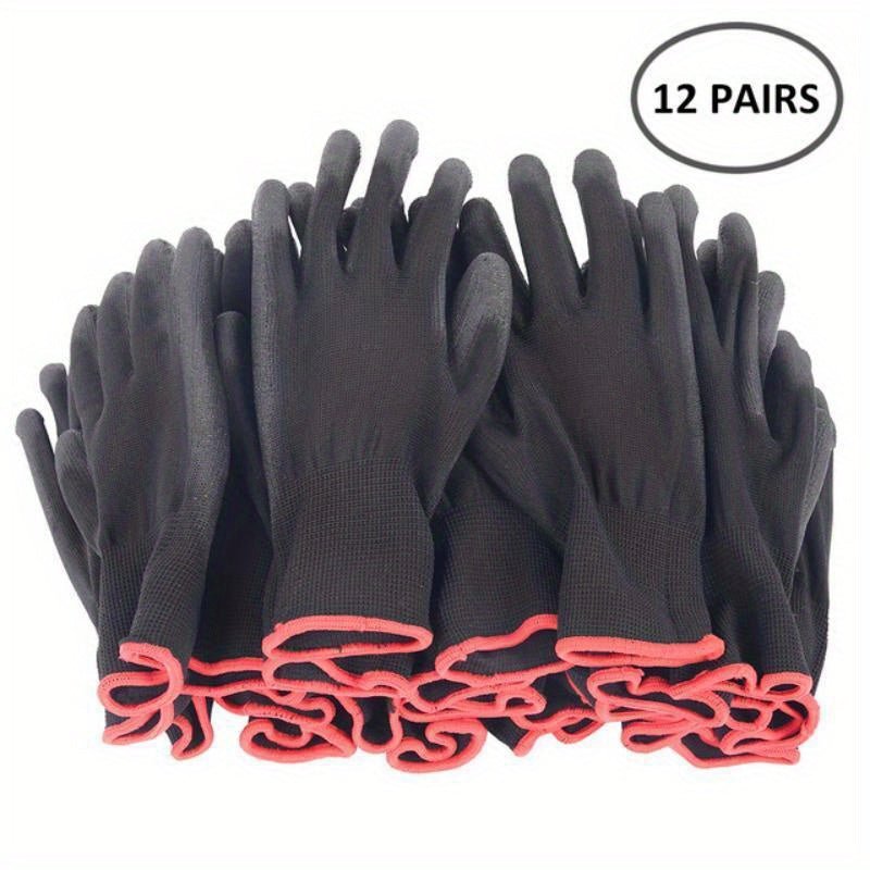 Paquete de 12 Pares: Guantes de Trabajo Ultra-Duraderos, Protegidos contra ESD y Antideslizantes - Ideales para Jardinería, Carpintería y Seguridad en Maquinaria (Fibra de Poliéster Negra) - SACASUSA