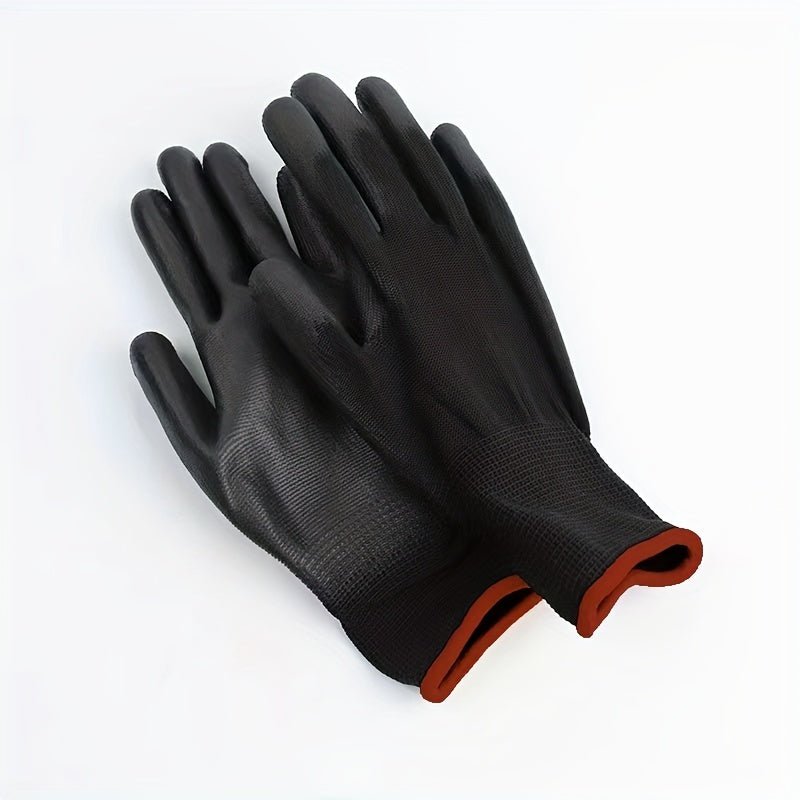 Paquete de 12 Pares: Guantes de Trabajo Ultra-Duraderos, Protegidos contra ESD y Antideslizantes - Ideales para Jardinería, Carpintería y Seguridad en Maquinaria (Fibra de Poliéster Negra) - SACASUSA