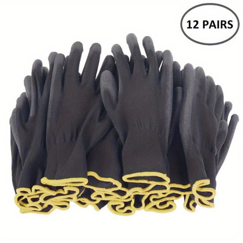 Paquete de 12 Pares: Guantes de Trabajo Ultra-Duraderos, Protegidos contra ESD y Antideslizantes - Ideales para Jardinería, Carpintería y Seguridad en Maquinaria (Fibra de Poliéster Negra) - SACASUSA