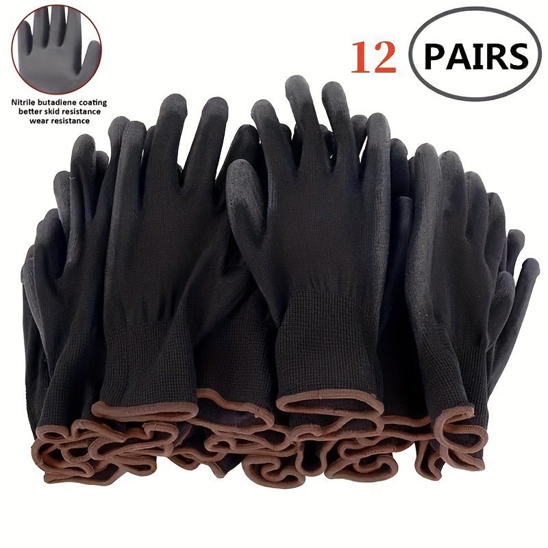 Paquete de 12 Pares: Guantes de Trabajo Ultra-Duraderos, Protegidos contra ESD y Antideslizantes - Ideales para Jardinería, Carpintería y Seguridad en Maquinaria (Fibra de Poliéster Negra) - SACASUSA