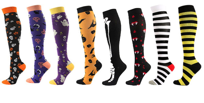 Paquete de 8 calcetines de compresión premium SM para mujeres, enfermeras, médicos, trabajadores, regalo, gato negro, amarillo, esqueleto negro, hueso, diversión, Halloween, rayas naranjas - SACASUSA