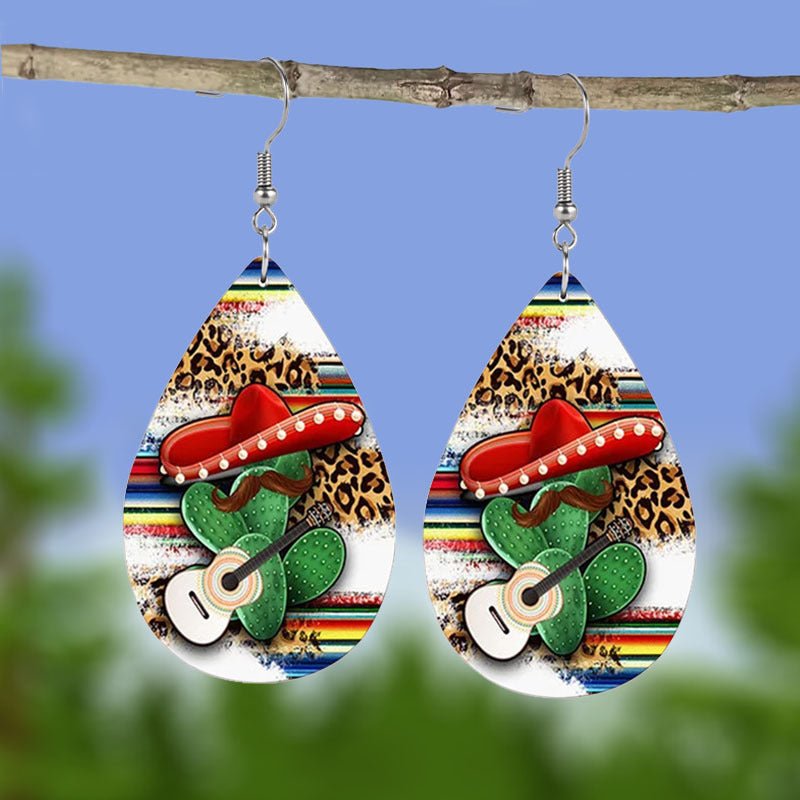 Pendientes de cuero en forma de gota de leopardo de cactus sombrero mexicano, joyería para vestir, regalos de vacaciones, favores de fiesta, pendientes de pareja o mejores amigos, accesorios de moda de cuero sintético - SACASUSA