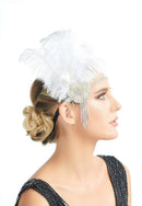 Plata blanco Vintage inspirado El gran Gatsby Rhinestone con cuentas diadema 1920 tocado Flapper negro pluma tocado nupcial rugiente - SACASUSA