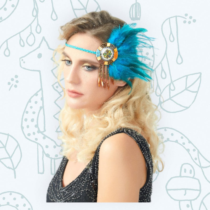 Pluma azul colgante tocado nupcial nativo americano indio trenzado diadema BoHo boda festival rave gitano hippie carnaval cuentas marrones - SACASUSA