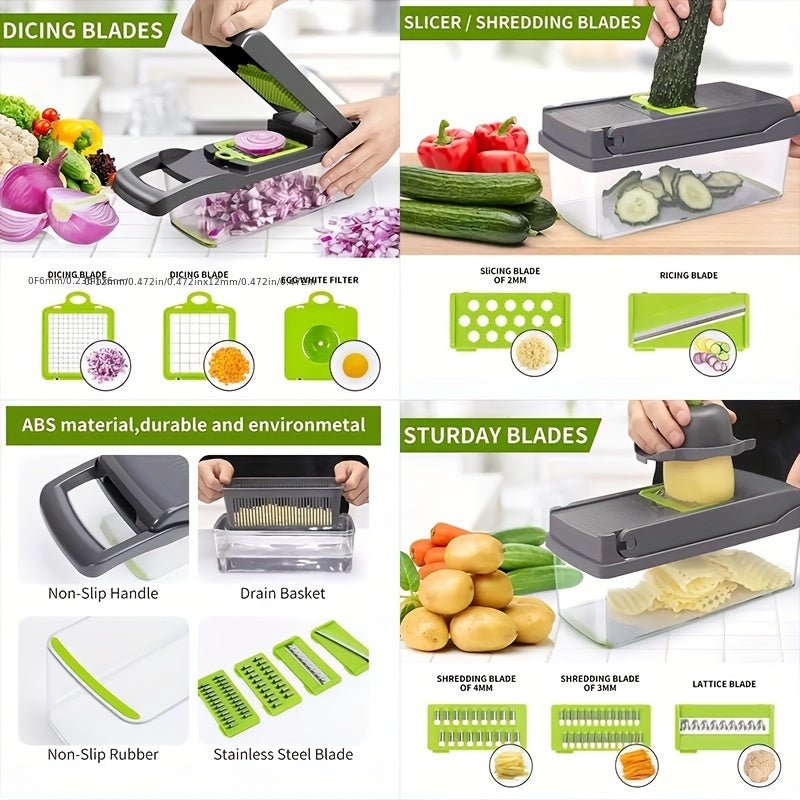 Rebanador Multiuso Manual de Verduras y Frutas | Conjunto de 12-16 piezas con Cuchillas de Acero Inoxidable | Duradero, sin Desorden, Fácil de Limpiar, Reduce el Tiempo en la Cocina - SACASUSA